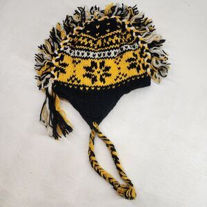 Mohawk Black Yellow 100% Wool Nepal Hat Beanie Fleece Lined Unisex Winter Warm